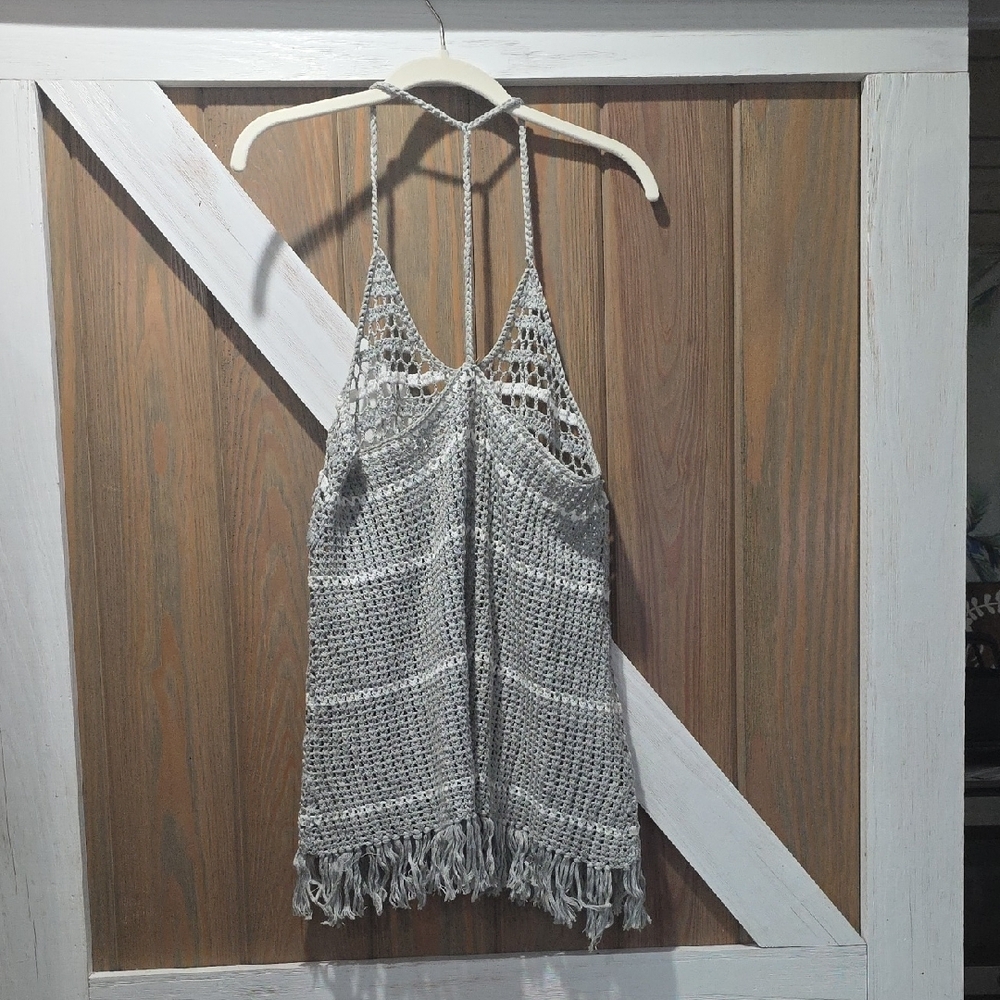Poof! Light Gray Crochet Tank with Fringe